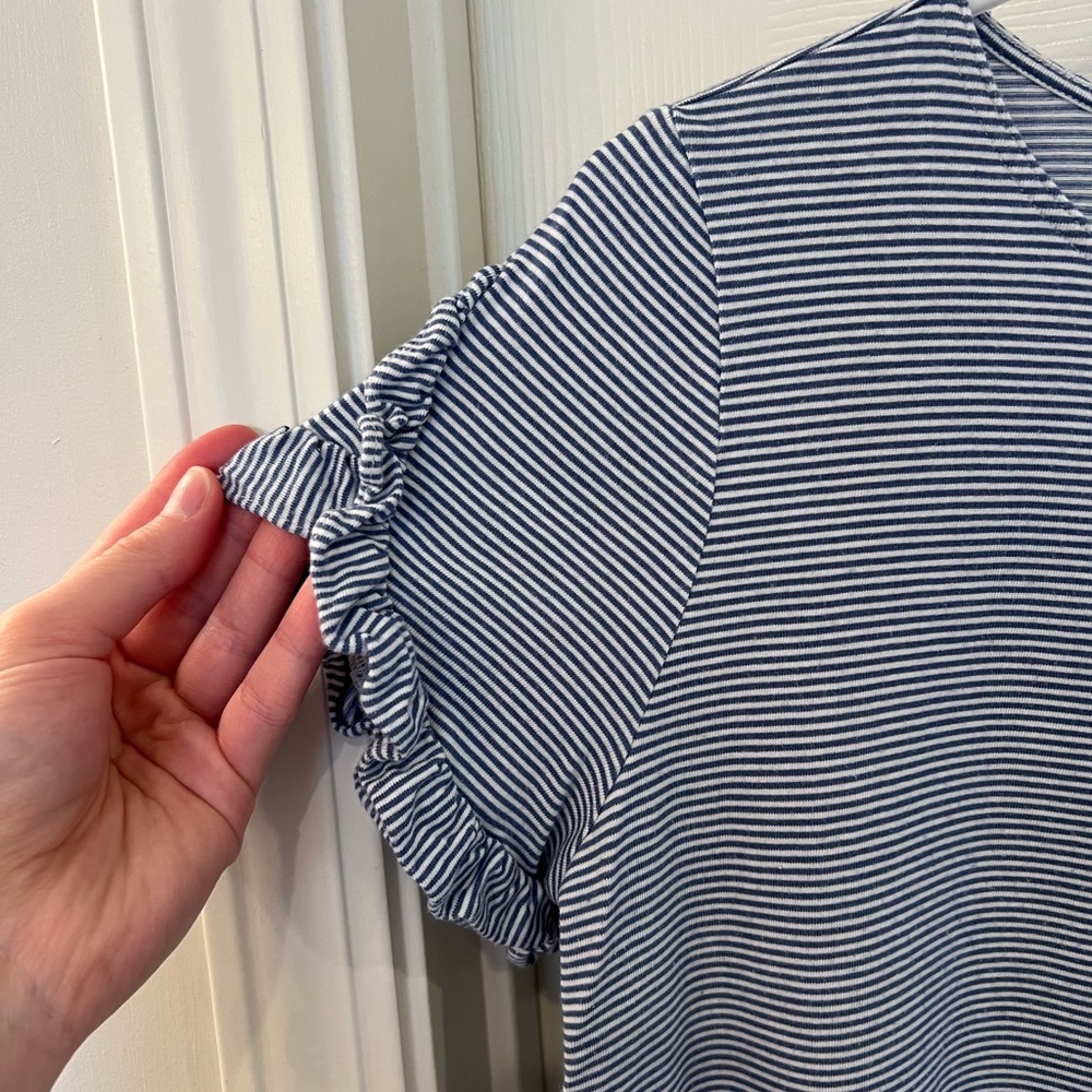 Blue & White Striped Tee with Small Ruffle Short Sleeve